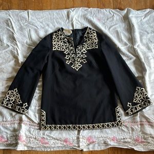 Vintage 1960s De Mura 100% Wool Made in Hong Kong Black Gold Scroll Tunic Medium